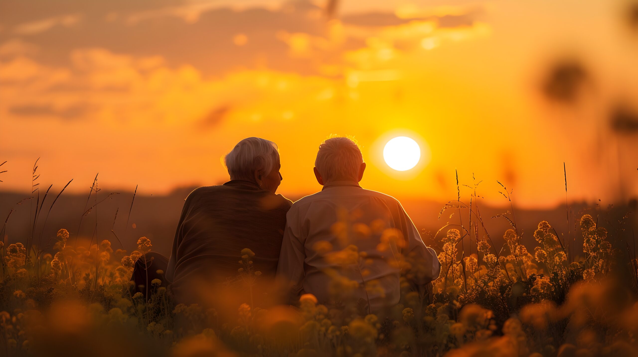 This captivating image depicts an elderly couple silhouetted against a breathtaking sunset over a lush,idyllic countryside landscape The pair are seated together,absorbed in the moment,symbolizing
